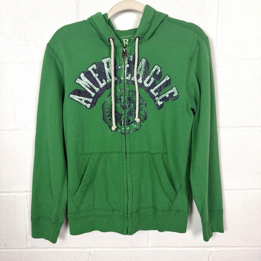 American Eagle Vintage Fit Graphic Hoodie Full Zip Green‎ Y2K Grunge Skater XS
